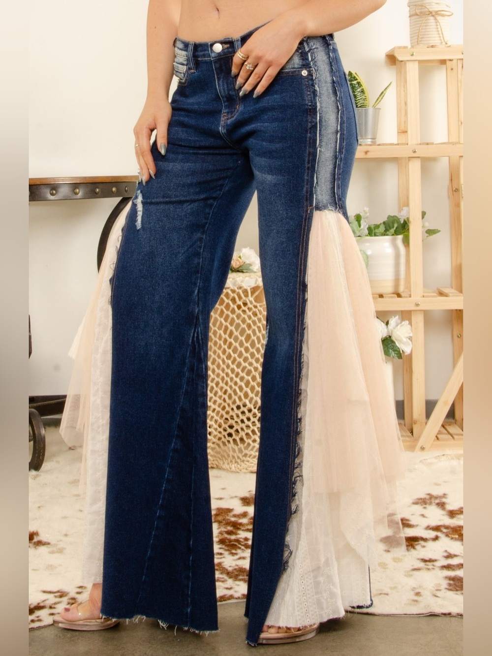 🆕 Blue Velvet Wide-Leg Flare Lace Tulle Panels Blue Jeans M